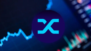 The logo for the Synthetix cryptocurrency network is shown against a graph representing price change over time.