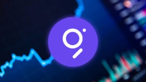 The logo for the cryptocurrency network The Graph is shown against a chart representing price change over time.