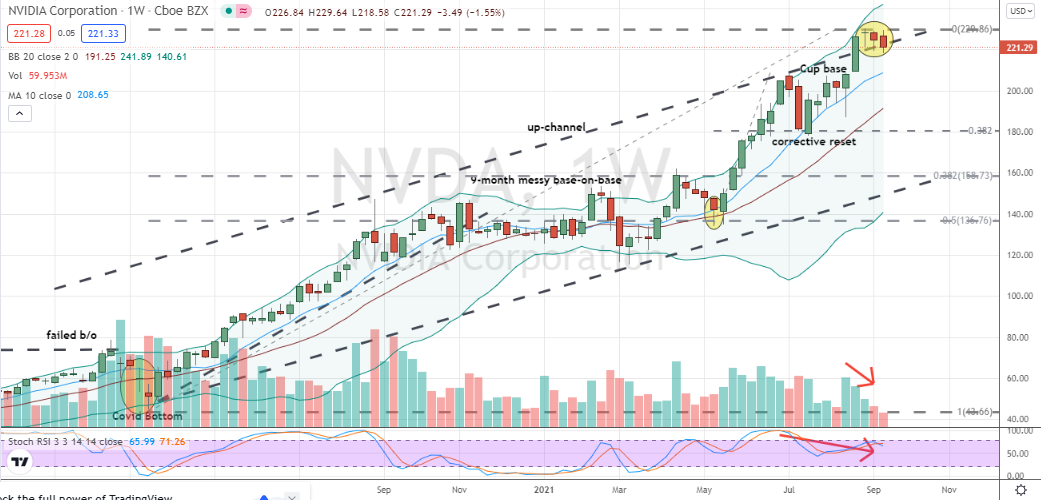 NVIDIA (NVDA) faltering monthly cup breakout with iffy secondary confirmation appears ripe for profit-taking and possible larger correction