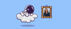 An illustration of an astronaut on a cloud looking at a framed photograph of Cathie Wood.