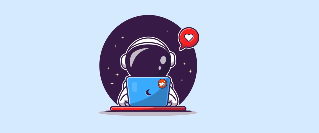 An illustration of an astronaut using a laptop with a Reddit logo sticker on it.
