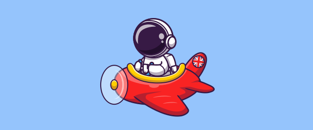 An illustration of an astronaut in an airplane with the U.K. flag on the tail.