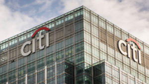 The Citigroup (C) logo is displayed on the side of the company's office building.