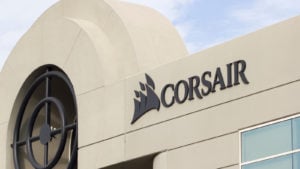 A photo of the Corsair (CRSR stock) logo on the front of a building in California.