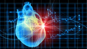 Image of a virtual heart in front of a diagram representing IRTC stock.