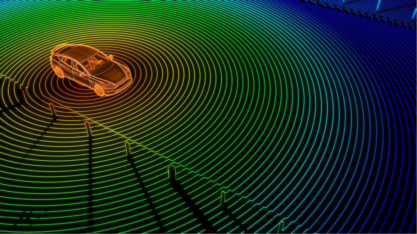 graphic of an orange car emanating an array of circular yellow, green and blue lines to signify light detection and ranging representing INVZ stock.