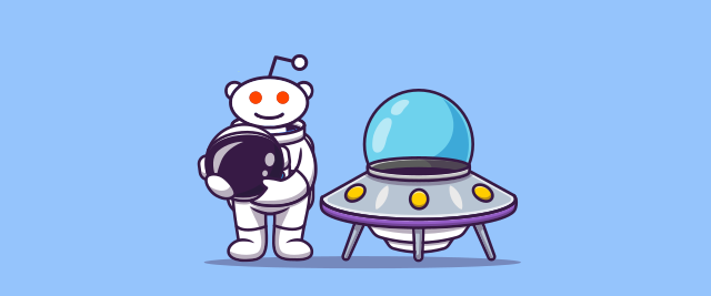 An illustration of the Reddit alien mascot in a spacesuit next to a flying saucer.