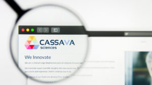 Cassava Sciences Inc logo visible on display screen. SAVA stock