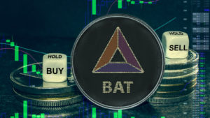 Basic Attention Token (BAT-USD) concept coin in front of a stack of cryptos and two dice that say 