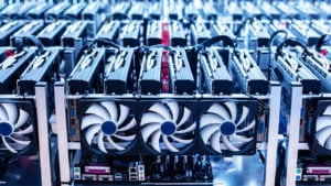Bit Digital (BTBT stock): several rows of processors in a crypto mining farm.