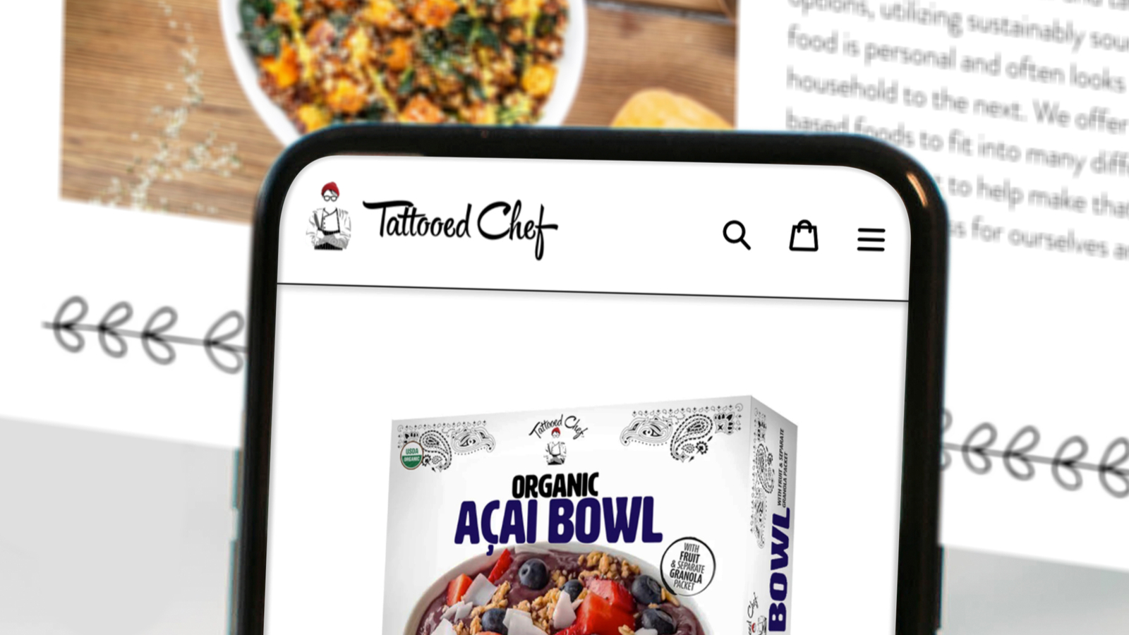 TTCF Stock. Information about a Tattooed Chef acai bowl is shown on a phone.