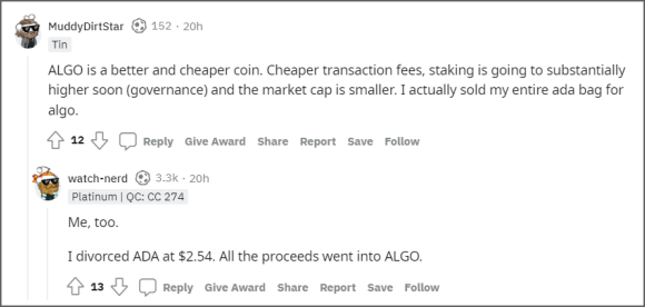 A screenshot of a Reddit comments section. Two users agree that switching from Cardano to Algorand is a good idea.