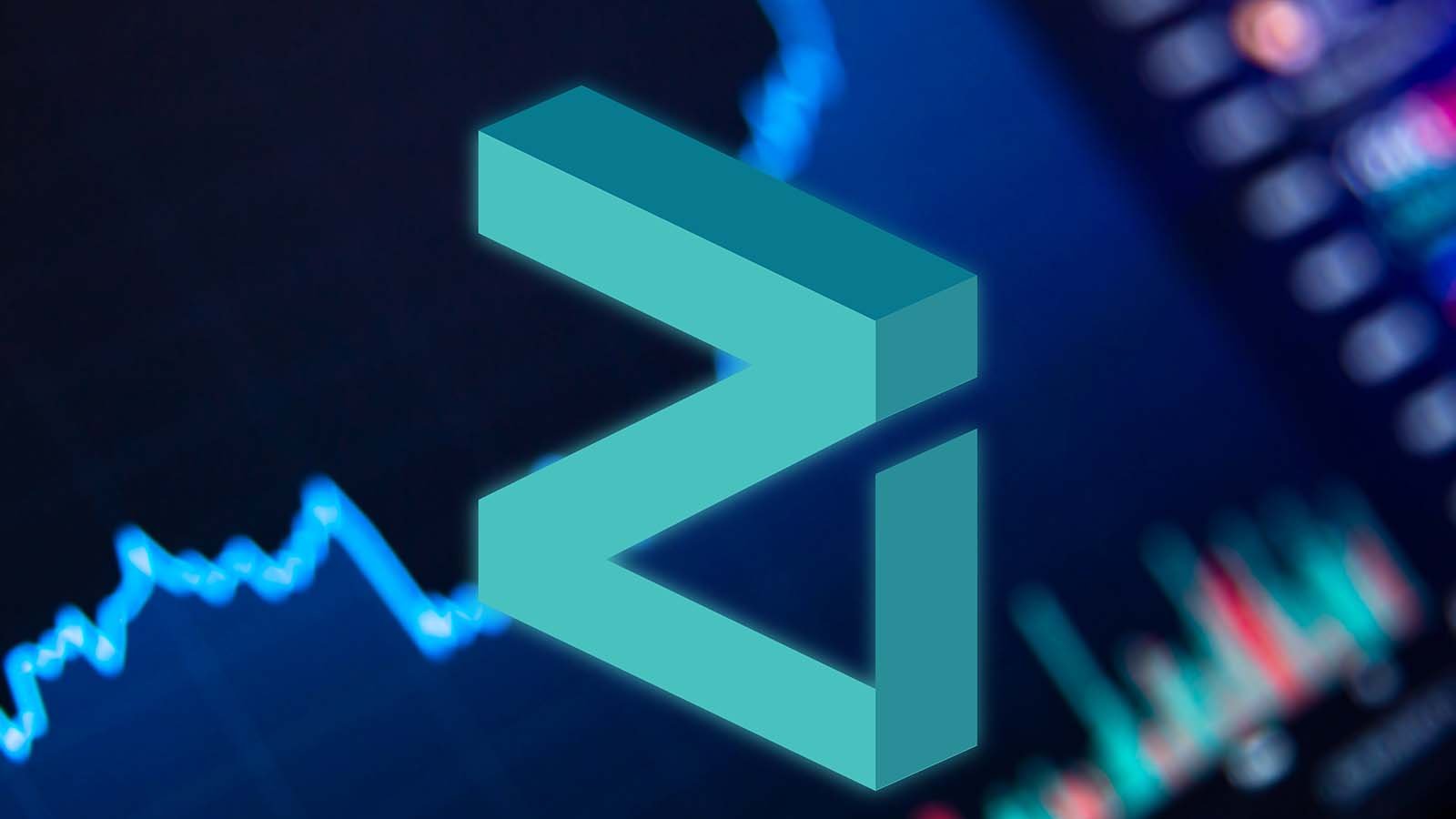 The Zilliqa (ZIL) crypto logo in front of a trading chart illustration.