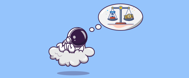 An illustration of an astronaut floating on a cloud. A thought bubble shows the astronaut imagining a balanced scale. One side of the scale has an hourglass, and the other side has several coins.