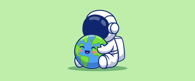 An illustration of an astronaut hugging a smiling Earth.