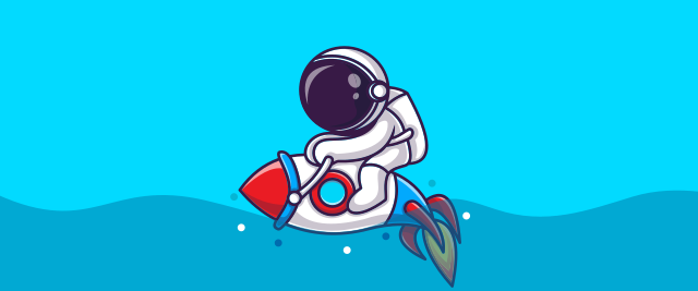 An illustration of an astronaut riding a rocket like a jet ski.