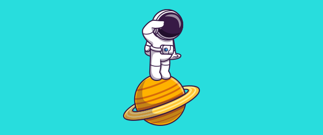 An illustration of an astronaut standing on top of a planet, peering off into the distance.