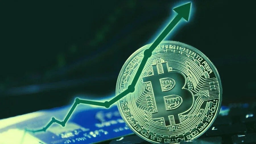A concept image of a bitcoin and an increasing arrow.
