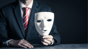 Businessman with mask representing Worldcoin Crypto.