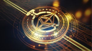 Conceptual image of a virtual coin based on the Ethereum logo.