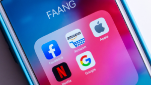 A cellphone displays the apps for the FAANG companies -- Facebook (FB), Amazon (AMZN), Apple (AAPL), Netflix (NFLX) and Alphabet (GOOGL)