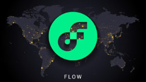 FLOW-USD logo encoded on dark world map background