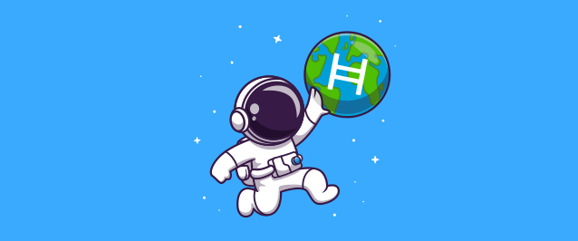 An illustration of an astronaut jumping up and reaching toward the Earth, which has the logo for Hedera Hashgraph on it.