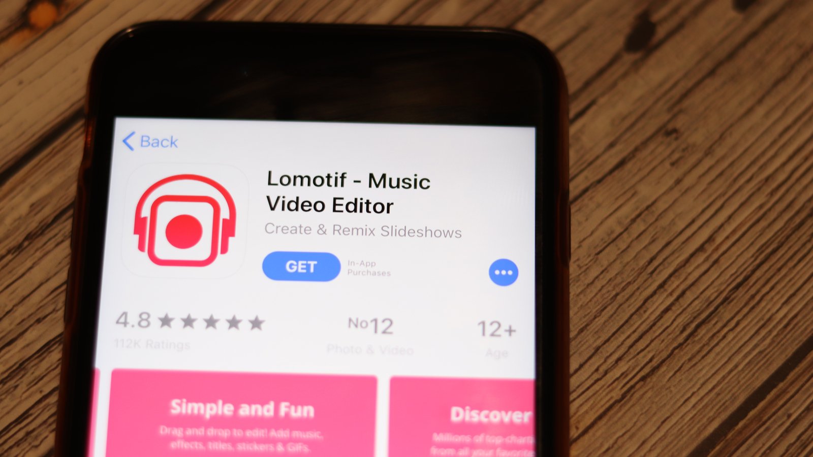 Photo of Lomotif app, owned by Vinco (BBIG), download page on a smartphone,