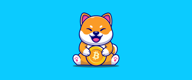 An illustration of a shiba inu holding a Bitcoin.