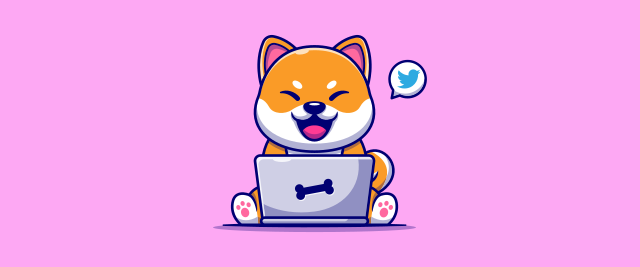 An illustration of a shiba inu dog browsing Twitter on a laptop.
