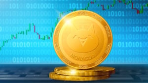 A Monacoin (MONA) concept coin with a chart in the background