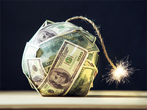 An image of a money bomb with a spark on the end of its string.