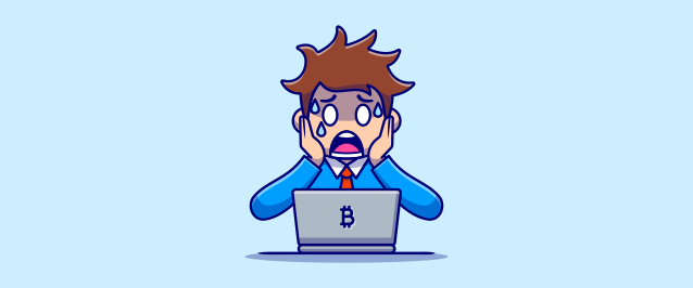 An illustration of a person with a stressed facial expression and their hands against their face looking at a computer with a Bitcoin logo on it.