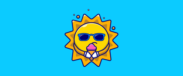 An illustration of the sun wearing sunglasses and holding an ice cream cone while frowning.