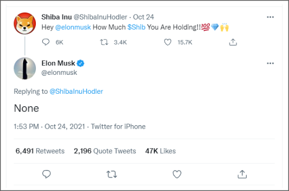 A screenshot of a tweet by Twitter user @ShibaInuHodler asking how much SHIB Elon Musk is holding. Elon Musk replies "None".