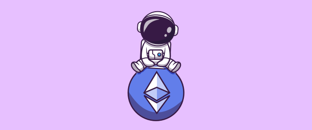 Una ilustración de un astronauta sentado encima de una bola azul con el logotipo de Ethereum.