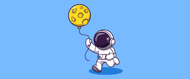 An illustration of an astronaut holding a balloon that looks like the moon.