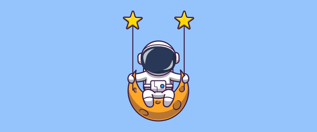 An illustration of an astronaut sitting on a swing shaped to look like a crescent moon supported by two stars.