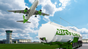 Airplane and biofuel tank trailer on the background of airport, GEVO renewable airplane fuel