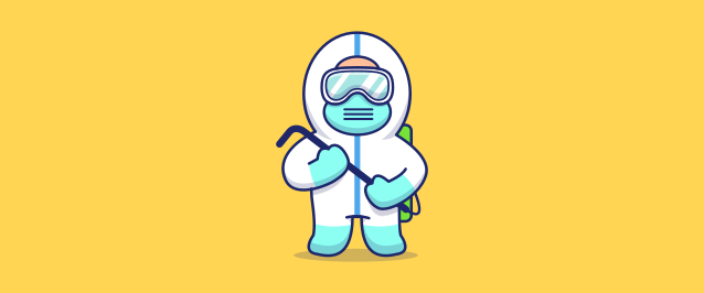 An illustration of a person in a decontamination suit holding a tool tethered to their back.