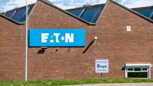 An Eaton (ETN) sign on a company building.