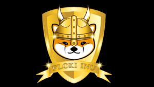 Floki Inu price predictions. An image of a corgi wearing a horned viking helmet above text saying Floki Inu on a black background.