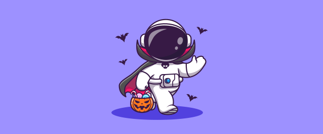 An illustration of an astronaut wearing a vampire Halloween costume.