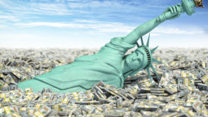 The statue of liberty sinking into money representing 2021 inflation.