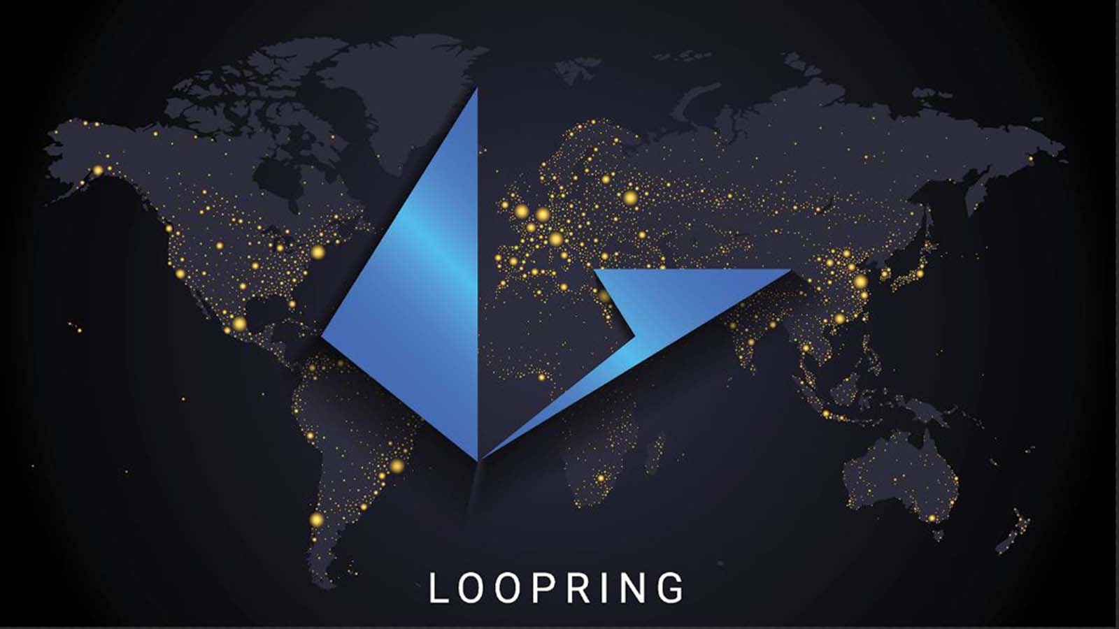 A concept image showing the Loopring (LRC) logo on top of a grey and black world map representing price predictions.