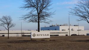 A Rivian (RIVN) sign out front of an Illinois manufacturing plant.