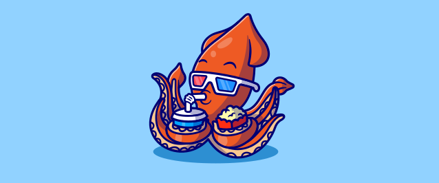 Una ilustración de un calamar con gafas 3D y sosteniendo palomitas de maíz y refresco.