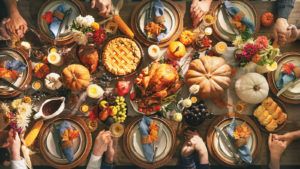 Thanksgiving dinner spread on giant table