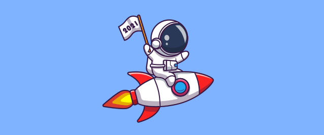 An illustration of an astronaut riding a rocket while holding a flag with 2021 on it.