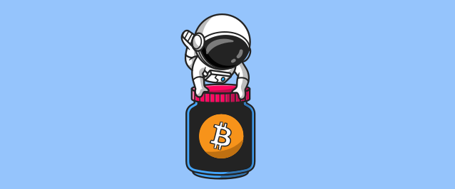 An illustration of an astronaut opening a jar labeled with the Bitcoin icon.